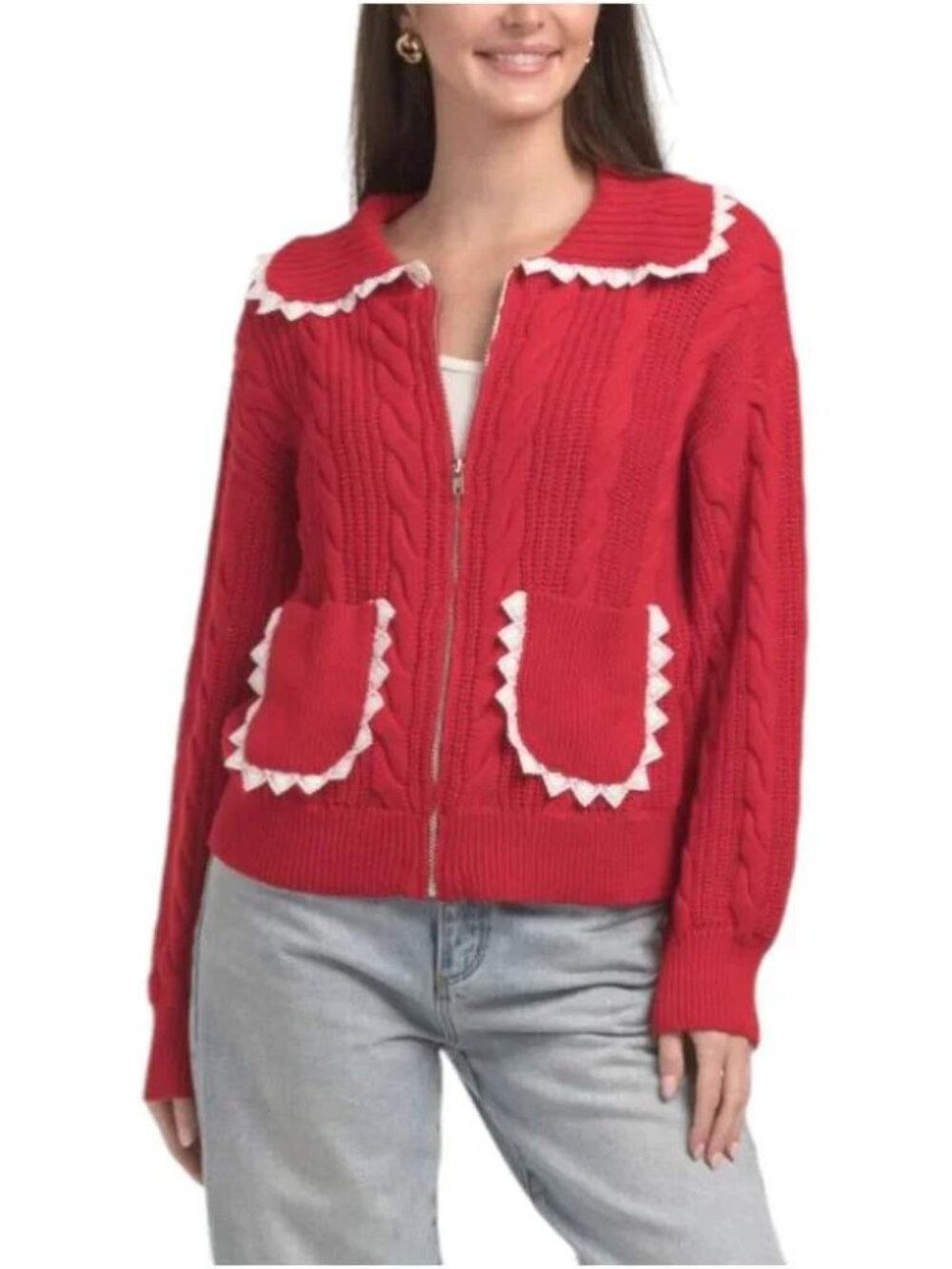 NWOT Jacquie The Label Anya Cardigan Sweater Sz M Red Cable Knit Scalloped Lace